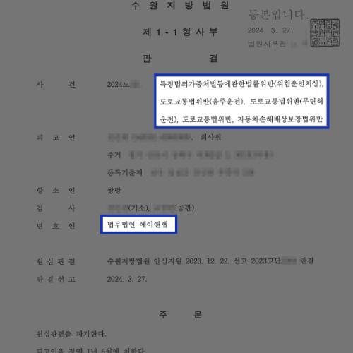 무면허 및 위험운전치상 혐의 의뢰인 변호하여 집행유예 감형 판결 이끌어내